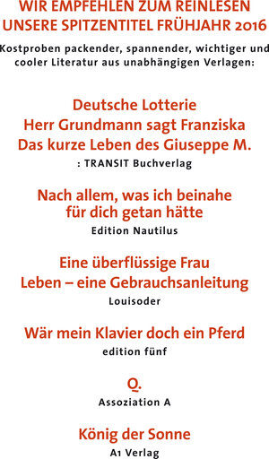 Buchcover Wir empfehlen zum Reinlesen unsere Spitzentitel Frühjahr 2016 | Miha Mazzini | EAN 9783887473365 | ISBN 3-88747-336-1 | ISBN 978-3-88747-336-5