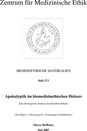 Buchcover Apokalyptik im biomedizinischen Diskurs | Marco Hofheinz | EAN 9783931993542 | ISBN 3-931993-54-X | ISBN 978-3-931993-54-2