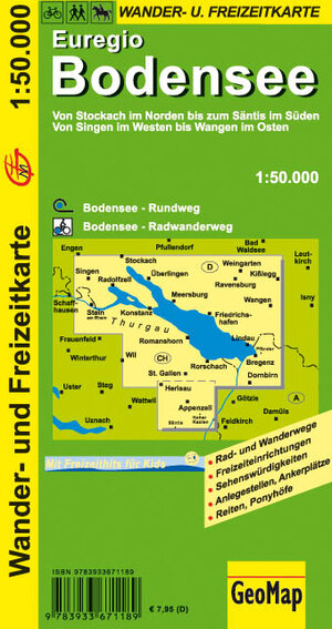 Wander- u. Freizeitkarte Euregio Bodensee 1:50 000 - Von Stockach im Norden bis zum Säntis im Süden; Von Singen im Westen bis Wangen im Osten