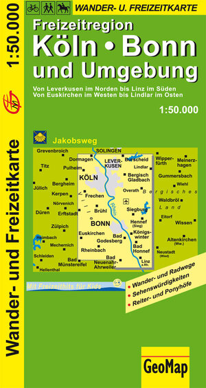 GeoMap Karten, Köln, Bonn und Umgebung: Wander- und Freizeitkarte. Von Leverkusen im Norden bis Linz im Süden. Von Euskirchen im Westen bis Lindlar im Osten