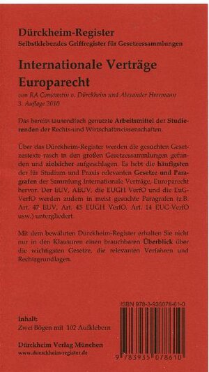 Buchcover Griffregister für Sartorius 2 (2011): Internationale Verträge, Europarecht, 102 bedruckte Griffregister | Alexander Herrmann | EAN 9783935078610 | ISBN 3-935078-61-7 | ISBN 978-3-935078-61-0