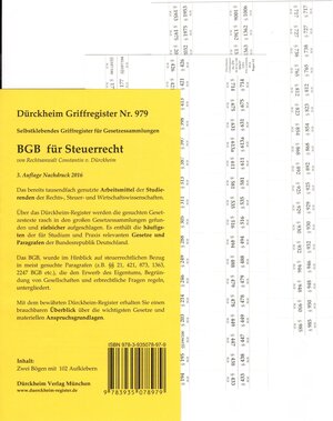 Buchcover BGB im Steuerrecht, Griffregister Nr. 979 (Nachdruck 2017): 102 bedruckte Griffregister für das Bürgerliche Gesetzbuch | Constantin Dürckheim | EAN 9783935078979 | ISBN 3-935078-97-8 | ISBN 978-3-935078-97-9