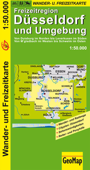 Freizeitregion Düsseldorf und Umgebung 1 : 50 000. Rad- und Freizeitkarte: Wander- und Radwege. Cityplan: Düsseldorf. Sehenswürdigkeiten. Reiter- und Ponyhöfe