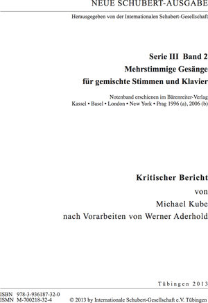 Buchcover Neue Schubert-Ausgabe. Kritische Berichte / Mehrstimmige Gesänge für gemischte Stimmen und Klavier | Michael Kube | EAN 9783936187328 | ISBN 3-936187-32-0 | ISBN 978-3-936187-32-8