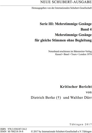 Buchcover Neue Schubert-Ausgabe. Kritische Berichte / Mehrstimmige Gesänge für gleiche Stimmen ohne Begleitung | Walther Dürr | EAN 9783936187342 | ISBN 3-936187-34-7 | ISBN 978-3-936187-34-2