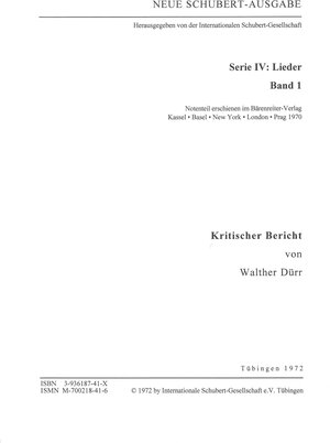 Buchcover Neue Schubert-Ausgabe. Kritische Berichte / Lieder 1 | Walther Dürr | EAN 9783936187410 | ISBN 3-936187-41-X | ISBN 978-3-936187-41-0