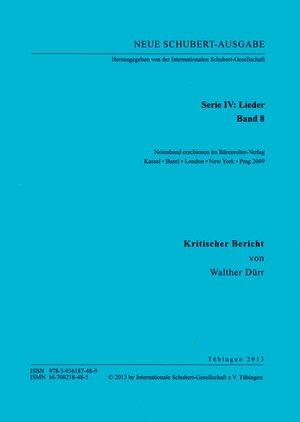 Buchcover Neue Schubert-Ausgabe. Kritische Berichte / Lieder 8 | Walther Dürr | EAN 9783936187489 | ISBN 3-936187-48-7 | ISBN 978-3-936187-48-9