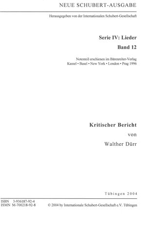 Buchcover Neue Schubert-Ausgabe. Kritische Berichte / Lieder 12 | Walther Dürr | EAN 9783936187922 | ISBN 3-936187-92-4 | ISBN 978-3-936187-92-2