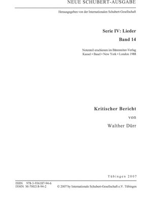 Buchcover Neue Schubert-Ausgabe. Kritische Berichte / Lieder 14 | Walther Dürr | EAN 9783936187946 | ISBN 3-936187-94-0 | ISBN 978-3-936187-94-6
