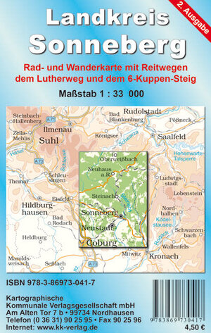 Rad- und Wanderkarte Landkreis Sonneberg 1 : 33 000: Rad- und Wanderwege und Reitwege. Meuselbach-Schwarzmühle, Gräfenthal, Steinach, Sonneberg, Rödenthal, Coburg