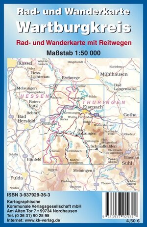 Rad- und Wanderkarte Wartburgkreis 1 : 50 000: Rad- und Wanderwege mit Reitwege und dem Verlauf des Grenzwanderwegs Grünes Band. Treffurt, Langula, Eisenach, Kaltennordheim, Schmalkaden