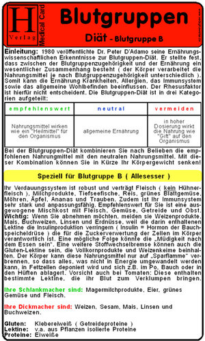 Blutgruppen - Diät B. Medical Card DIN A5