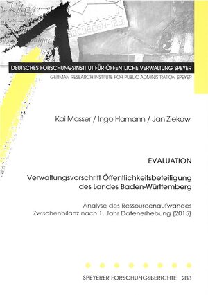Buchcover Evaluation Verwaltungsvorschrift Öffentlichkeitsbeteiligung des Landes Baden-Württemberg | Kai Masser | EAN 9783941738263 | ISBN 3-941738-26-7 | ISBN 978-3-941738-26-3