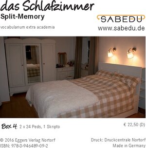 Buchcover das Schlafzimmer, Split-Memory + Arbeitsheft, SABEDU Box 04 | Margret Riemann-Eggers | EAN 9783946489092 | ISBN 3-946489-09-5 | ISBN 978-3-946489-09-2