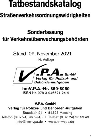 Buchcover Bundeseinheitlicher Tatbestandskatalog - Sonderfassung für Verkehrsüberwachung  | EAN 9783946671244 | ISBN 3-946671-24-1 | ISBN 978-3-946671-24-4