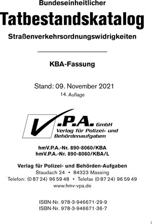 Buchcover Bundeseinheitlichen Tatbestandskatalog, KBA-Langfassung, Stand 09. November 2021  | EAN 9783946671367 | ISBN 3-946671-36-5 | ISBN 978-3-946671-36-7