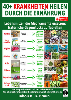 Buchcover 40+ Krankheiten heilen durch die Ernährung - Lebensmittel, die Medikamente ersetzen: Natürliche Gegenstücke zu Tabletten | Tabou Banganté Blessing Braun | EAN 9783947003785 | ISBN 3-947003-78-1 | ISBN 978-3-947003-78-5