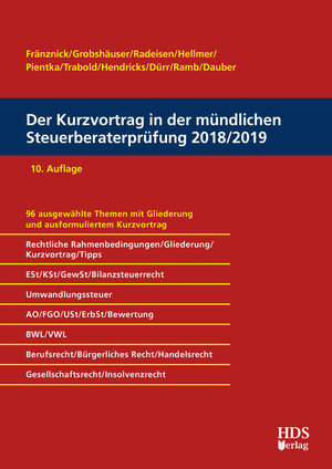 Buchcover Der Kurzvortrag in der mündlichen Steuerberaterprüfung 2018/2019 | Thomas Fränznick | EAN 9783955544799 | ISBN 3-95554-479-6 | ISBN 978-3-95554-479-9