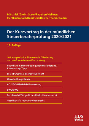 Buchcover Der Kurzvortrag in der mündlichen Steuerberaterprüfung 2020/2021 | Thomas Fränznick | EAN 9783955546748 | ISBN 3-95554-674-8 | ISBN 978-3-95554-674-8