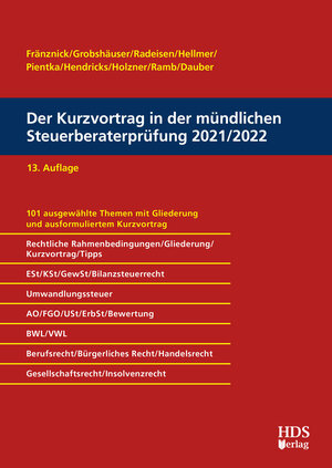 Buchcover Der Kurzvortrag in der mündlichen Steuerberaterprüfung 2021/2022 | Thomas Fränznick | EAN 9783955547776 | ISBN 3-95554-777-9 | ISBN 978-3-95554-777-6