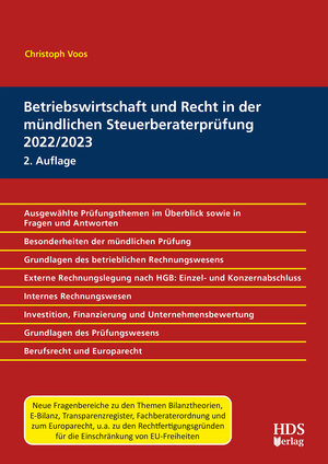 Buchcover Betriebswirtschaft und Recht in der mündlichen Steuerberaterprüfung 2022/2023 | Christoph Voos | EAN 9783955548421 | ISBN 3-95554-842-2 | ISBN 978-3-95554-842-1