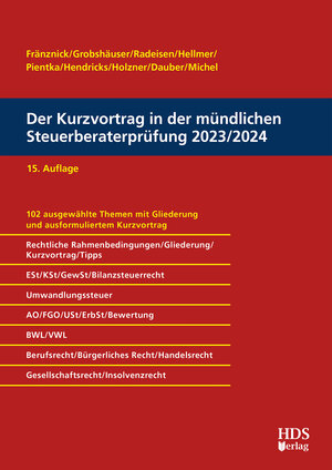 Buchcover Der Kurzvortrag in der mündlichen Steuerberaterprüfung 2023/2024 | Thomas Fränznick | EAN 9783955548940 | ISBN 3-95554-894-5 | ISBN 978-3-95554-894-0