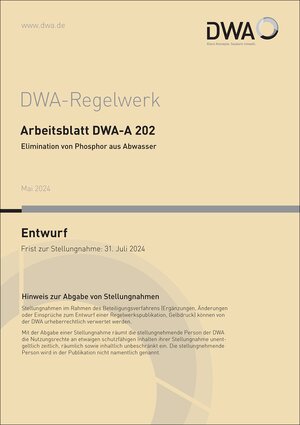Buchcover Arbeitsblatt DWA-A 202 Elimination von Phosphor aus Abwasser (Entwurf)  | EAN 9783968626956 | ISBN 3-96862-695-8 | ISBN 978-3-96862-695-6