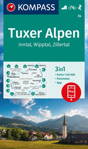 Buchcover KOMPASS Wanderkarte 34 Tuxer Alpen, Inntal, Wipptal, Zillertal 1:50.000  | EAN 9783991217442 | ISBN 3-99121-744-9 | ISBN 978-3-99121-744-2